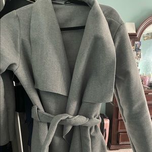 Gray coat with belt, belted waterfall coat